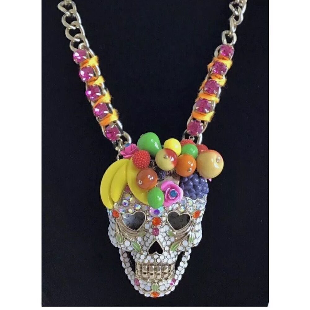 Vintage y2k rare betsey johnson fruit skull pave cosplay glam Statement Necklace